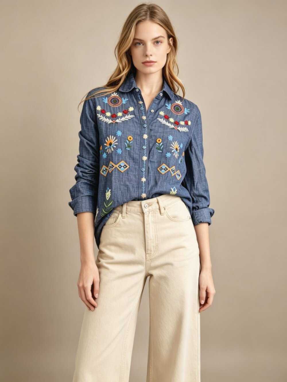 NWOT Johnny Was Denim Embroidered Floral Top Button-Down Shirt Blouse Blue Sz S